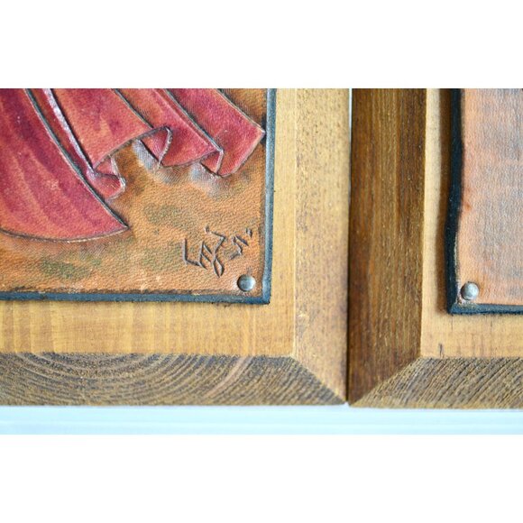 Handtooled Leather Man Woman Folk Art on Wood Wall Decor Vintage - Picture 5 of 6